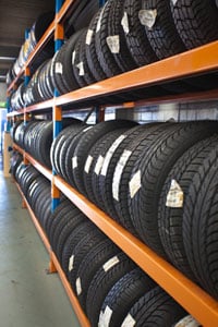 Tyres displayed in rack