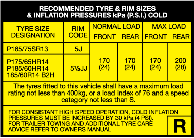 Tyre Placard Example Image