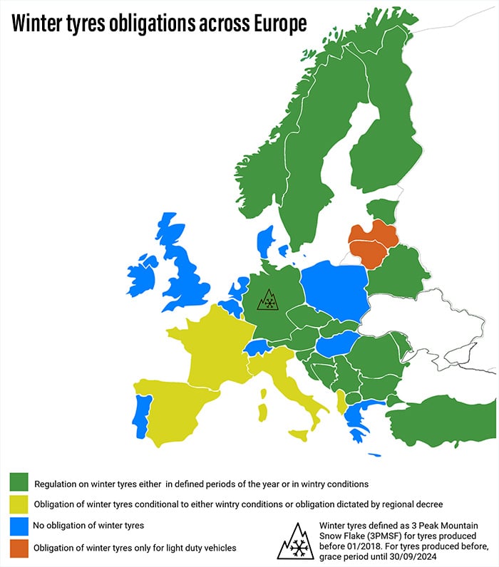 Winter Tyre obligations across Europe Map